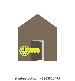 Door key with clock and house building with open door.