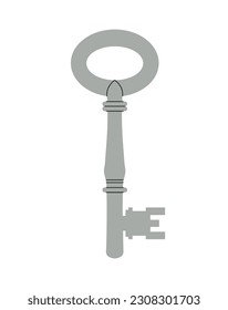 Türschlüssel-Konzept. Symbol für Website. Silberschlüssel für Haus oder Haus. Aufkleber für soziale Netzwerke und Boten. Element zum Entsperren von Vorhängen. Cartoon-FlachVektorgrafik einzeln auf weißem Hintergrund