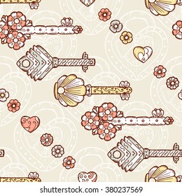 Door key. Hand drawn doodle keys - Vector Vintage Seamless pattern