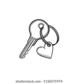 Door key with heart shaped keyholder hand drawn outline doodle icon. Love, romance, safety, property concept. Vector sketch illustration for print, web, mobile and infographics on white background.