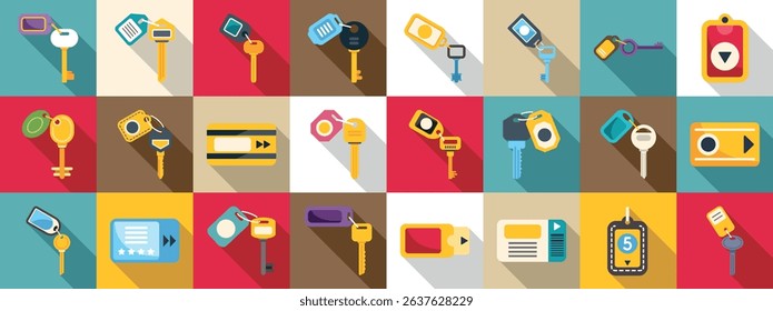  Door key hotel room icons set. Diverse icons of keys and keycards on a vibrant grid background