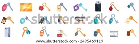 Door key hotel room icons set. Hotel key with keycard and room number tag hanging on wall holding using keyring set