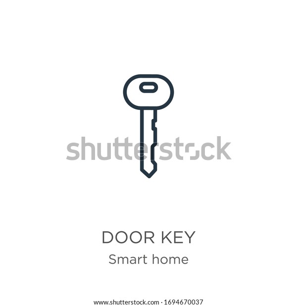 Door key icon. Thin linear door key\
outline icon isolated on white background from smart home\
collection. Line vector sign, symbol for web and\
mobile