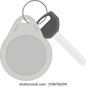 Door key with keychain chip to unlock the door. Entrance to a building. In gray