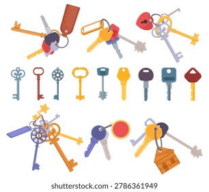 Door key. Keychains featuring trinkets. Accessories for unlocking entrance doorways in residential and commercial properties. Openers bundle. Vintage and modern designs. Vector isolated latchkeys set