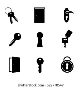 Door, key, lock icon set on white background. Vector art.