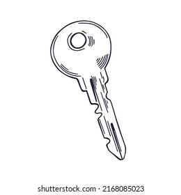 Llave de puerta, dibujo en blanco y negro con un estilo vintage. Grabado de un elemento moderno de la habitación de un apartamento. Traje detallado de madera. Isolación de dibujo vectorial a mano