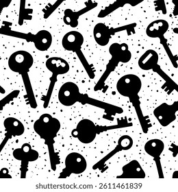 Door key. Pattern of black door keys on white background in grunge style. Drawn with brush strokes, splashes, blots.