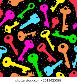 Door key. Pattern of multi-colored door keys on a black background in grunge style. Drawn with brush strokes, splashes, blots.