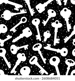Door key. Pattern of white door keys on a black background in grunge style. Drawn with brush strokes, splashes, blots.