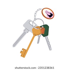 Door key ring, chain with hanging bunch and photo locket, pendant. Keychain, keyring. Apartment, room, house locking and unlocking accessories. Flat vector illustration isolated on white background