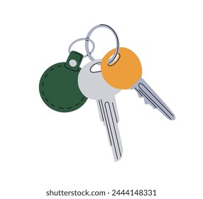 Door key ring, chain with hanging bunch from metal and leather. Home keychain, keyring. Apartment keyholder, unlocking accessories, trinket. Flat vector illustration isolated on white background