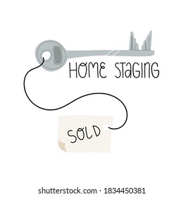 Tecla de puerta con etiqueta Vendida y texto con letras de la presentación en casa. Concepto de preparación para la venta rápida de bienes. Ilustración aislada hecha a mano por vectores.