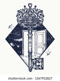 Door and key tattoo. Symbol of imagination, creative idea, motivation and new life. Open door in universe t-shirt design. Surreal psychological illustration 