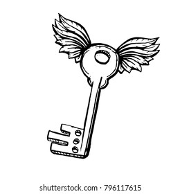 Door Key with Two Wings in Sketch Style. Hand drawn Vector Isolated Illustration. Engraving object.