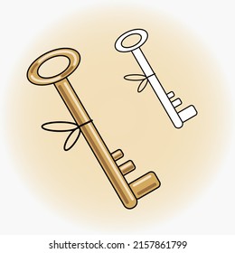 Door key vector icon. Flat illustration.  Sticker.  Magic and Halloween drawing. Coloring page.