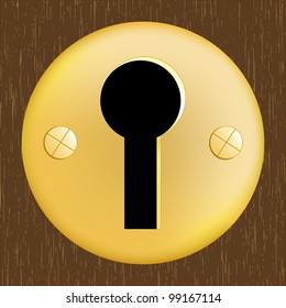 Door keyhole of golden metal on dark wooden door