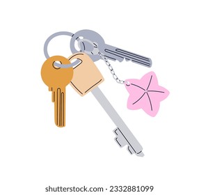 Door keys bunch hanging on keyring, keyholder. Keychain, ring with star trinket, pendant, home apartment, room and postbox locking accessories. Flat vector illustration isolated on white background