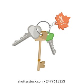 Door keys bunch on holder with cute maple leaf and lettering home word vector illustration