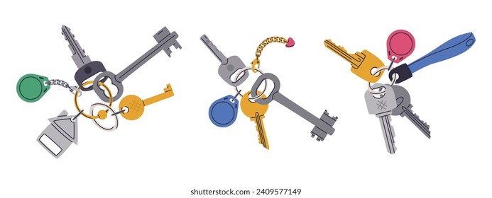 Door keys bunches. Apartment or house keys with keychain with keyring and plastic tag. Door key bunches flat vector illustration set. Real estate property entrance keys