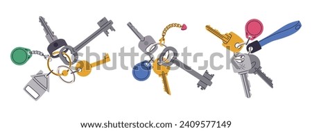 Door keys bunches. Apartment or house keys with keychain with keyring and plastic tag. Door key bunches flat vector illustration set. Real estate property entrance keys