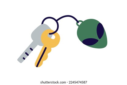 Door keys hanging on ring with trinket. Keyring with funny alien keychain, pendant. Home, room and office access, locking, unlocking item. Flat vector illustration isolated on white background