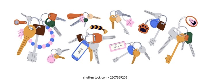 Door keys hanging on rings with keyfobs, keychains, tags, trinkets set. Different accessories, pendants, fobs on keyrings, holders. Flat graphic vector illustration isolated on white background