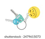 Door keys for home access hanging on ring with keychain in shape of cute smiley face emoticon
