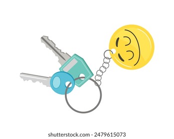 Llaves de la puerta para el acceso a casa colgando en el anillo con llavero en forma de emoticono lindo de la cara sonriente