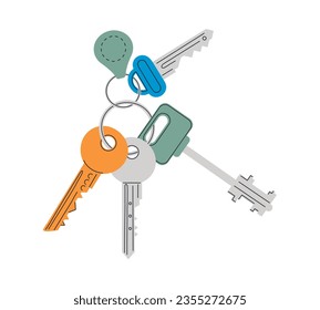 Door keys with keychain. Cartoon keys with keyring. Door keys hanging on ring. Home key from apartment on white background. Keys for locking house or apartment. Isolated 
flat vector illustration.