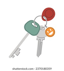 Door keys with keychain. Cartoon keys with keyring. Apartment key with keychain on white background. Home key. Hotel room keys. Keys for locking house or apartment. Isolated vector illustration.