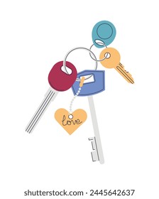 Door keys with keychain. Cartoon keys with keyring. Pendant in shape heart. Home apartment key icon. Flat vector isolated on white background. Modern illustration.