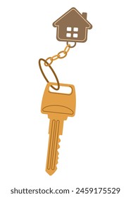 Door keys keyfob. Ring with trinket, keychains plastic tag hanging on keyring. House, apartment or room locking accessories. Cartoon flat vector isolated on white background