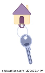 Llavero de llaves de puerta. Anillo con baratija, llaveros, etiqueta de plástico colgando en el llavero. Accesorios de bloqueo de casa, apartamento o habitación. Vector plano de la historieta aislado en el fondo blanco