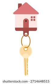 Llavero de llaves de puerta. Anillo con baratija, llaveros, etiqueta de plástico colgando en el llavero. Accesorios de bloqueo de casa, apartamento o habitación. Vector plano de la historieta aislado en el fondo blanco