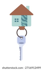 Llavero de llaves de puerta. Anillo con baratija, llaveros, etiqueta de plástico colgando en el llavero. Accesorios de bloqueo de casa, apartamento o habitación. Vector plano de la historieta aislado en el fondo blanco