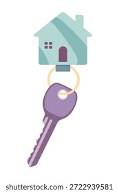 Llavero de llaves de puerta. Anillo con baratija, llaveros, etiqueta de plástico colgando en el llavero. Accesorios de bloqueo de casa, apartamento o habitación. Vector plano de la historieta aislado en el fondo blanco