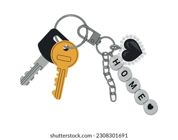 Door keys with keyfobs concept. Icon for website. Ring with bunch of keys and charm. Private property security and protection. Cartoon flat vector illustration isolated on white background