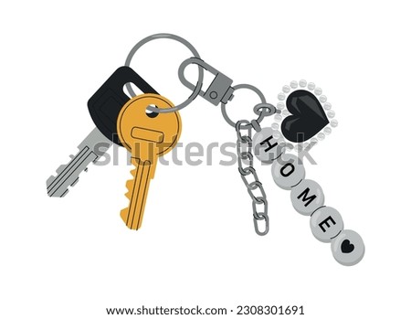 Door keys with keyfobs concept. Icon for website. Ring with bunch of keys and charm. Private property security and protection. Cartoon flat vector illustration isolated on white background