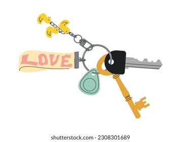 Door keys with keyfobs concept. Things for opening locks and access to apartment or room, office or garage. Souvenir duck and love text. Cartoon flat vector illustration isolated on white background