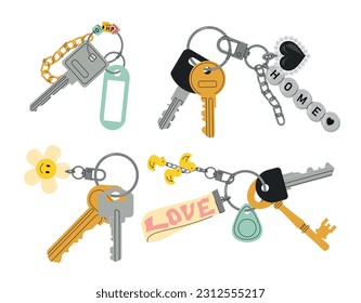 Door keys with keyfobs set. Security and protection of apartment. Bunch of things for opening locks, access to private property. Cartoon flat vector collection isolated on white background