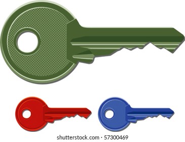 Door Keys - Modern keys isolated on white proposal in green, red and blue. Vector illustration. Suitable for internet, advertising, editorial graphics, publications. See others on "Objects" set.