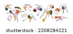 Door keys on rings with keychains, tags, fobs for locking house. Different trinkets, pendants hanging on keyrings, holders set. Colored flat graphic vector illustration isolated on white background