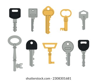 Door keys set. Minimalistic security and real estate symbol. Protection of private property, real estate and buildings. Pack of keys. Cartoon flat vector collection isolated on white background