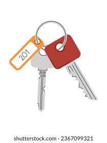 Door keys with tag. Keys to hotel room. Home key from apartment on white background. Keys for locking house or apartment. Isolated vector illustration.