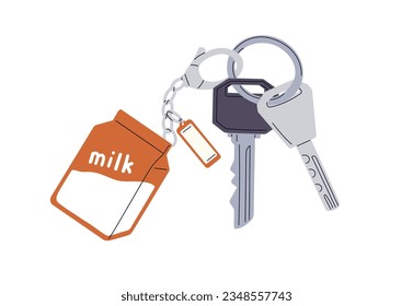 Door keys, tag and trinket, pendant hanging on keyring, keyholder. Keychain, ring with milk box toy. Apartment locking and safety accessories. Flat vector illustration isolated on white background