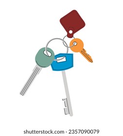 Door keys with trinket. Cartoon keys with keyring. Door keys and  keychain hanging on ring. Home key from apartment on white background. Keys for locking house or apartment. Flat vector illustration.