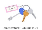 Door keys and trinket, plastic tag hanging on keyring. Keyholder, ring with house, apartment, room locking accessories. Private access. Flat vector illustration isolated on white background