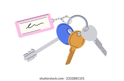 Door keys and trinket, plastic tag hanging on keyring. Keyholder, ring with house, apartment, room locking accessories. Private access. Flat vector illustration isolated on white background svg