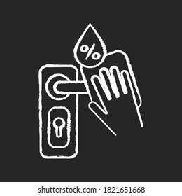 Door knob disinfection chalk white icon on black background. Home sterilization, surface cleaning, house cleansing. Door handle and antibacterial wipe isolated vector chalkboard illustration